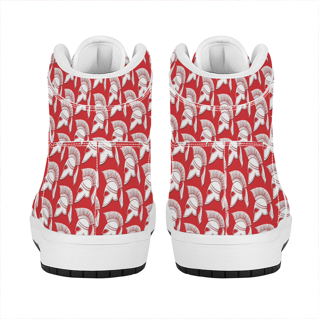 White And Red Spartan Pattern Print High Top Leather Sneakers