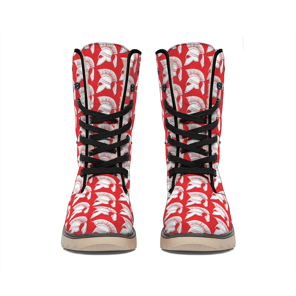 White And Red Spartan Pattern Print Winter Boots