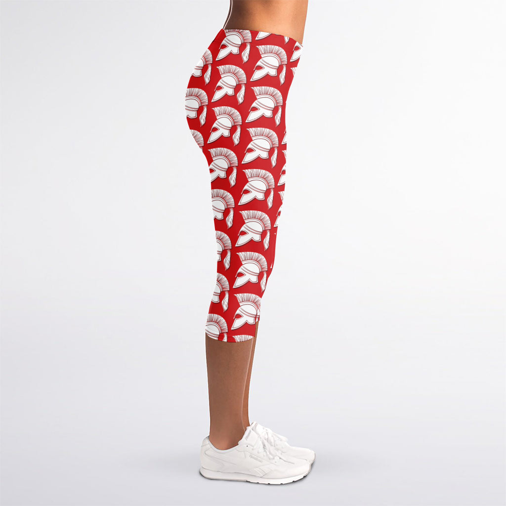 White And Red Spartan Pattern Print Women's Capri Leggings