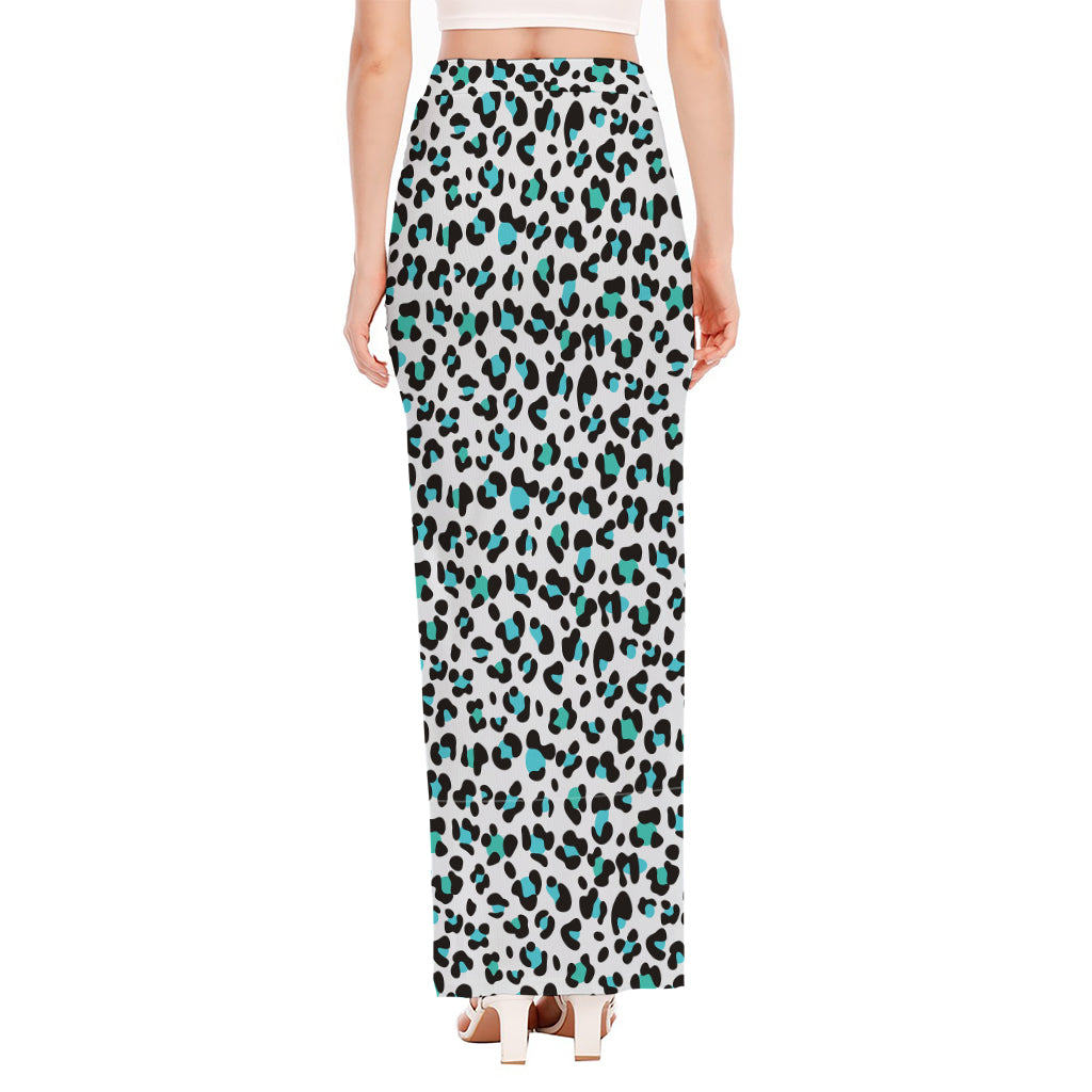 White And Teal Leopard Print High Slit Maxi Skirt