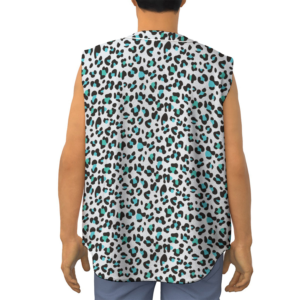 White And Teal Leopard Print Sleeveless Baseball Jersey