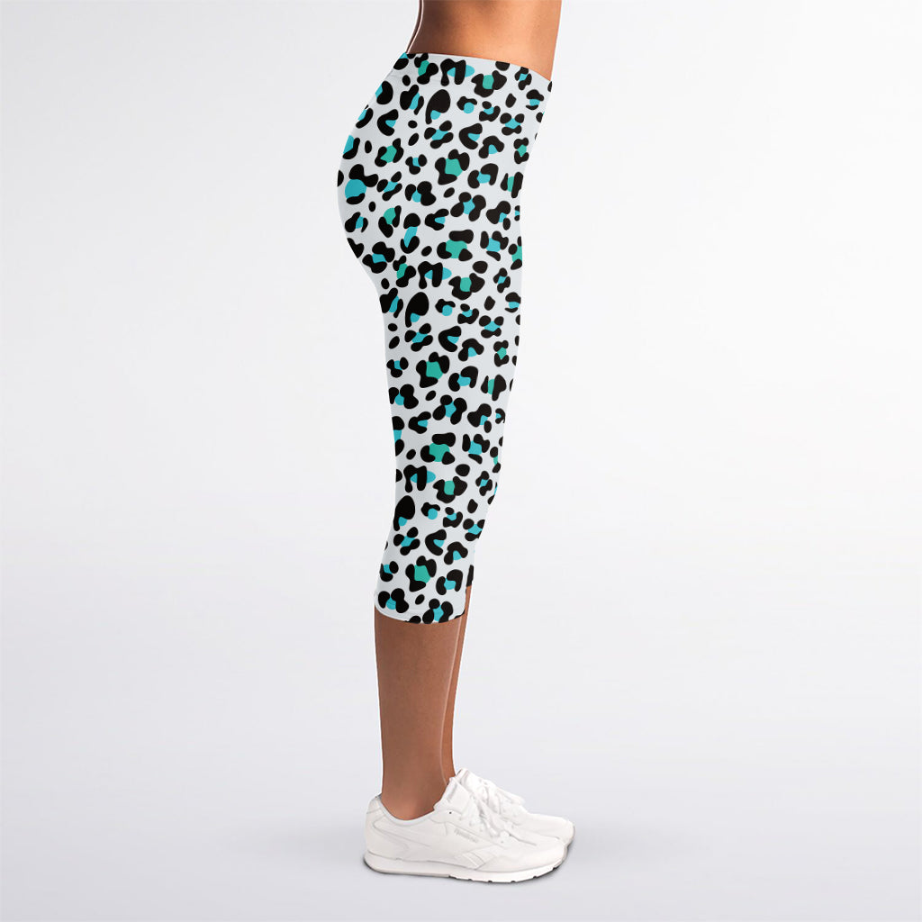 White And Teal Leopard Print Women's Capri Leggings