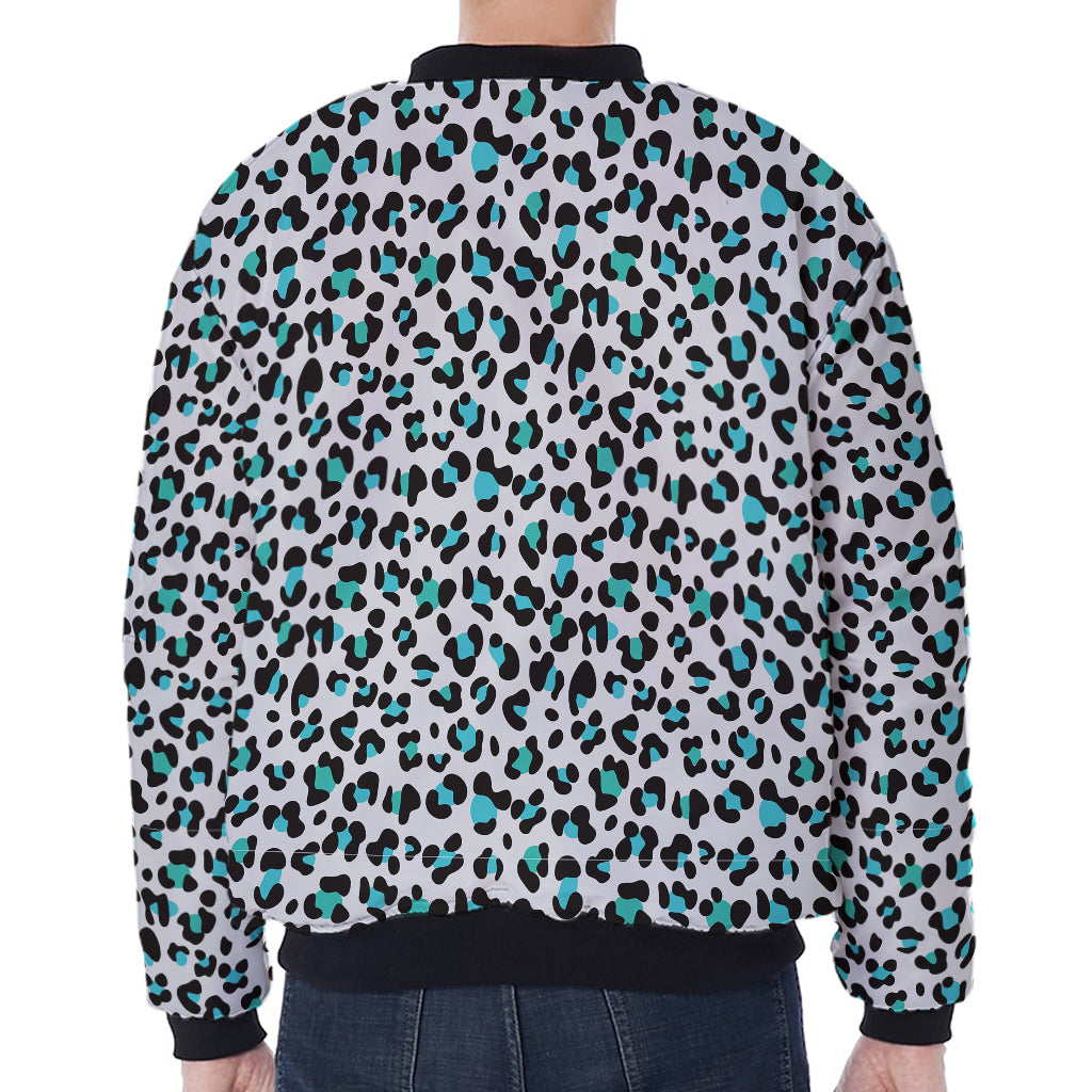 White And Teal Leopard Print Zip Sleeve Bomber Jacket