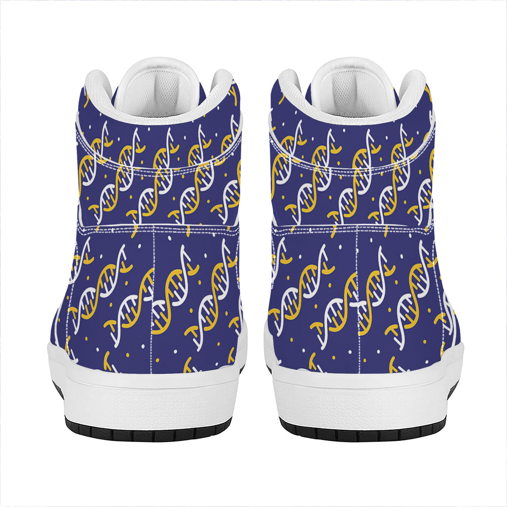 White And Yellow DNA Pattern Print High Top Leather Sneakers