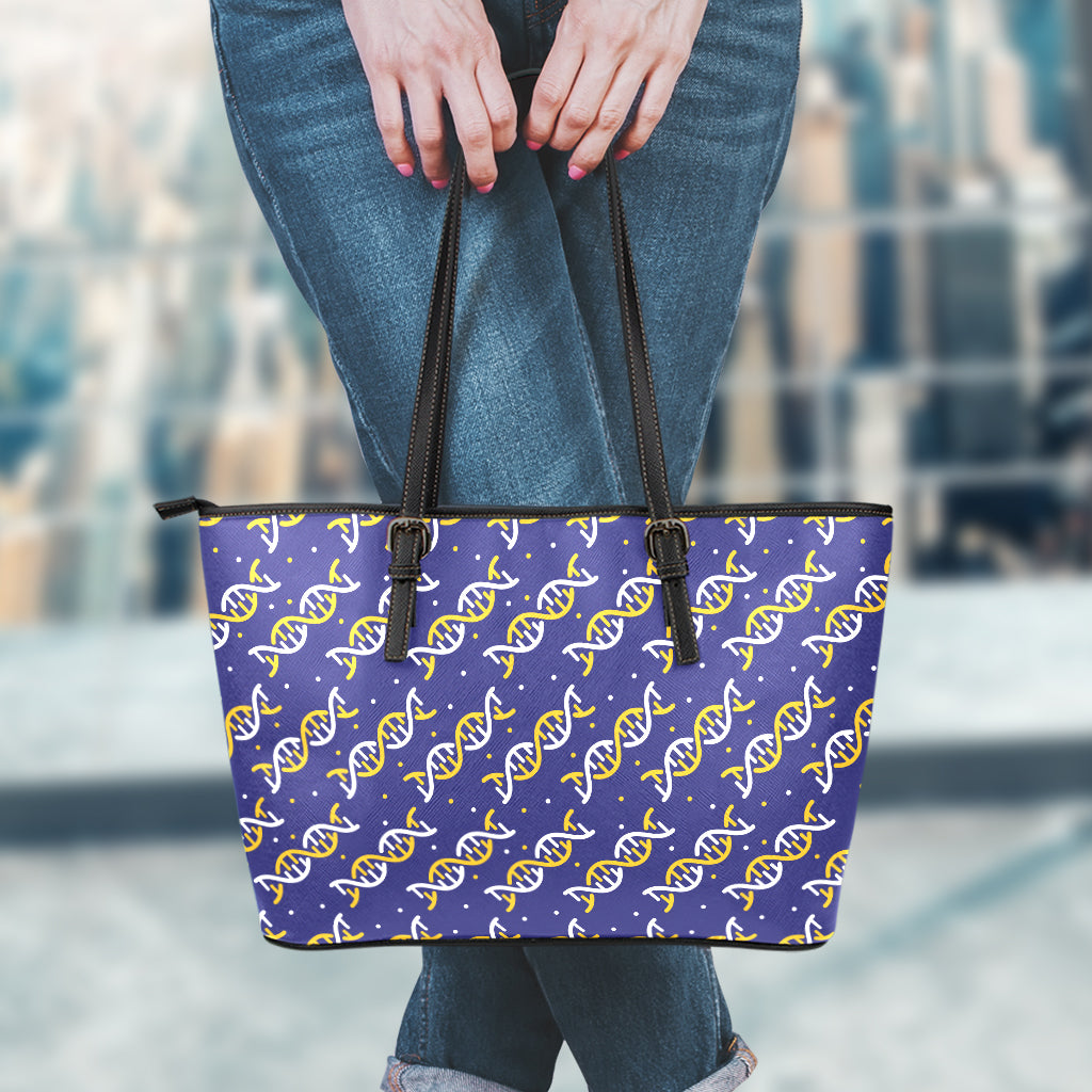 White And Yellow DNA Pattern Print Leather Tote Bag