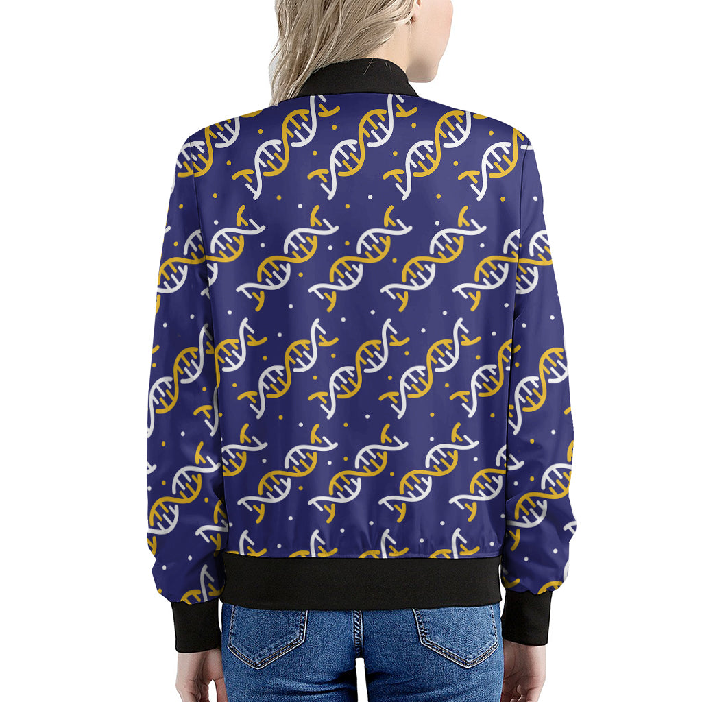 White And Yellow DNA Pattern Print Women's Bomber Jacket