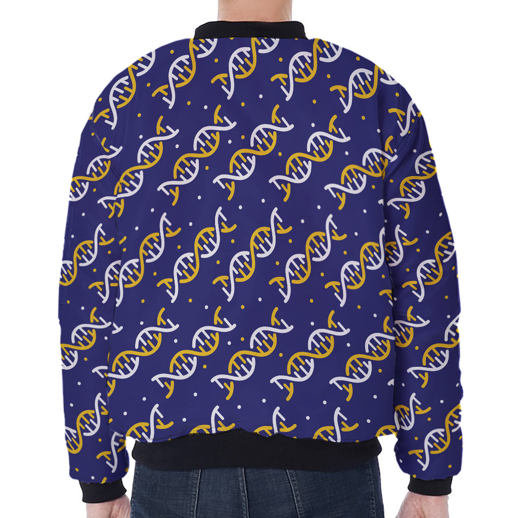 White And Yellow DNA Pattern Print Zip Sleeve Bomber Jacket