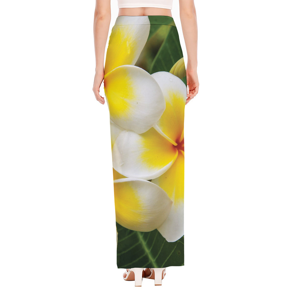 White And Yellow Plumeria Flower Print High Slit Maxi Skirt