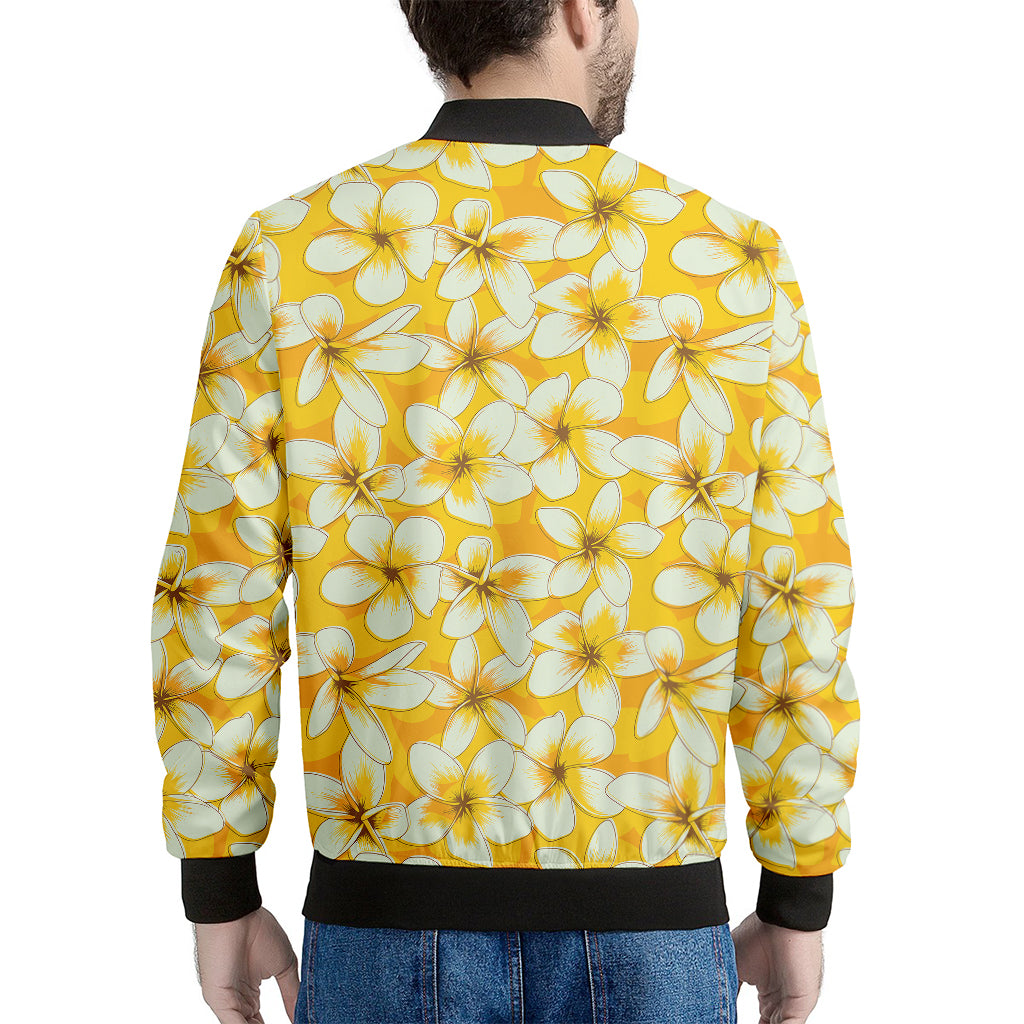 White And Yellow Plumeria Pattern Print Men's Bomber Jacket