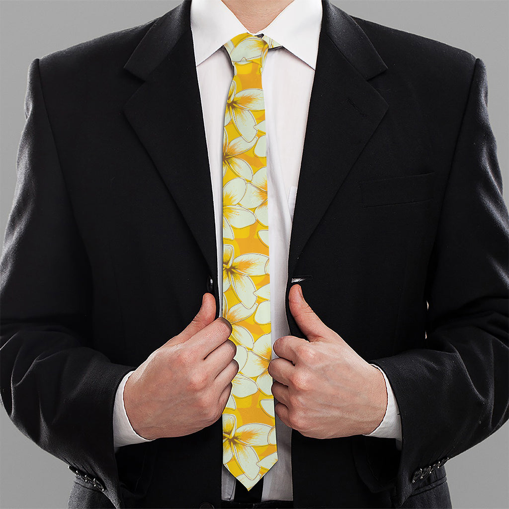 White And Yellow Plumeria Pattern Print Necktie
