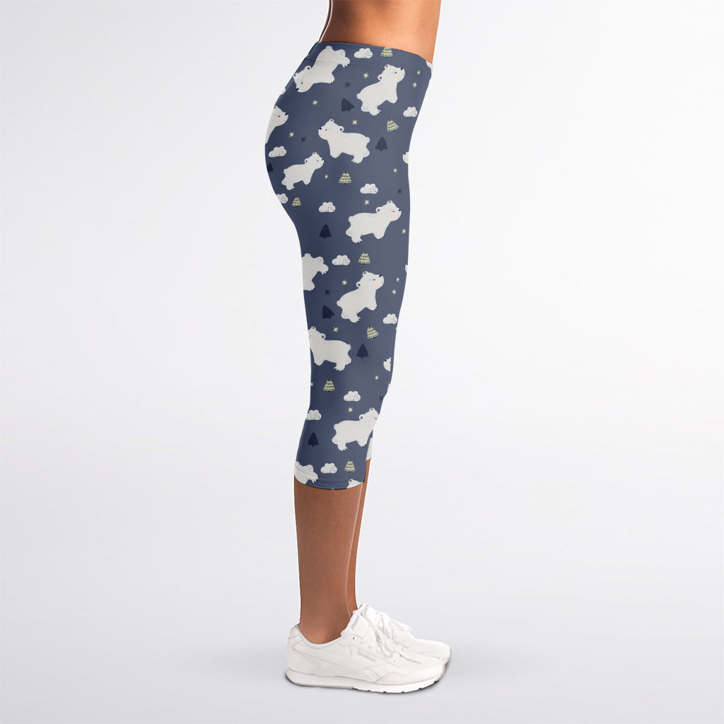 White Baby Polar Bear Pattern Print Women's Capri Leggings