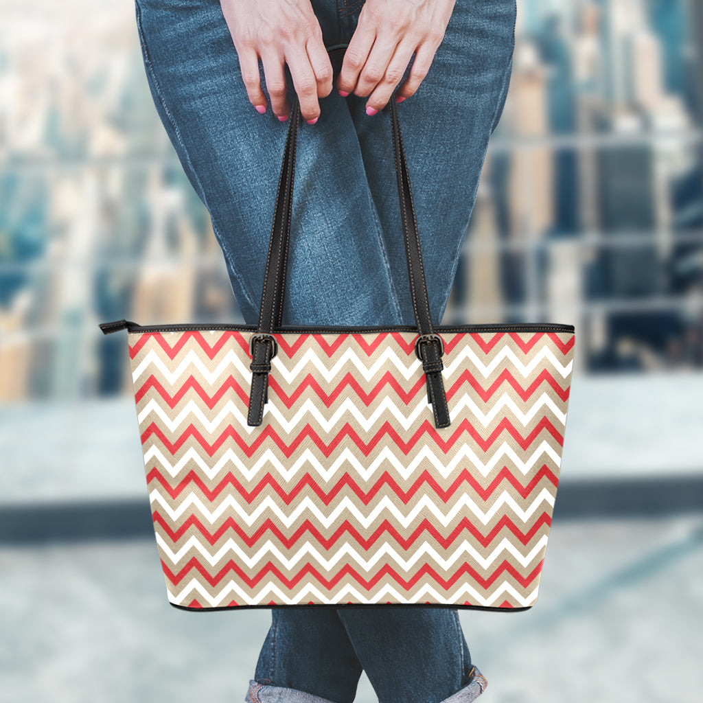 White Beige And Red Chevron Print Leather Tote Bag