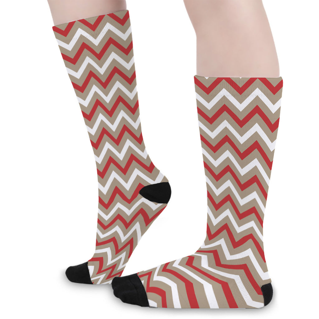 White Beige And Red Chevron Print Long Socks
