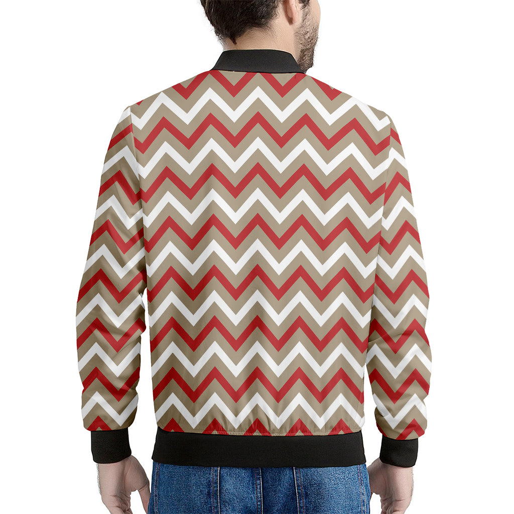 White Beige And Red Chevron Print Men's Bomber Jacket