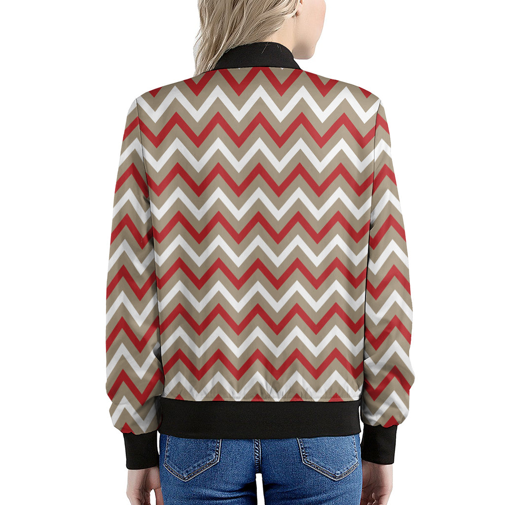 White Beige And Red Chevron Print Women's Bomber Jacket