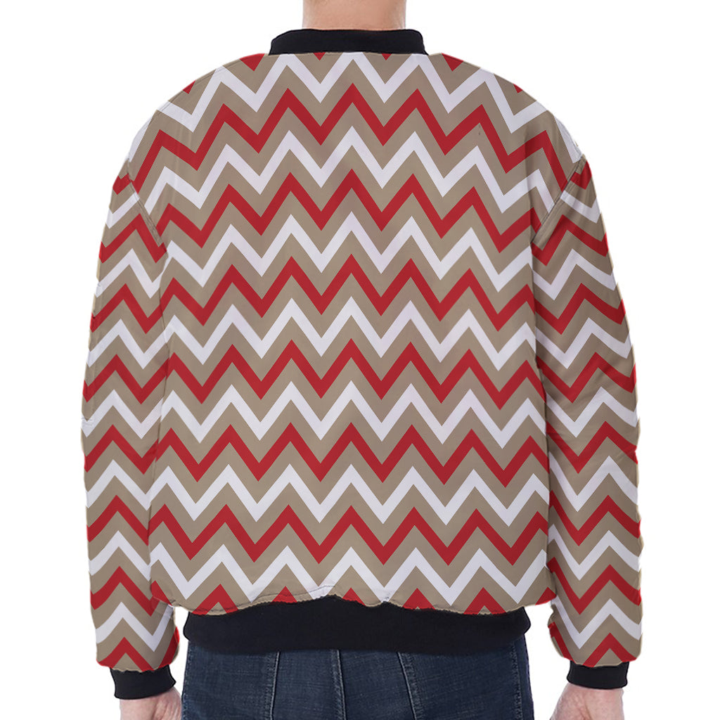 White Beige And Red Chevron Print Zip Sleeve Bomber Jacket