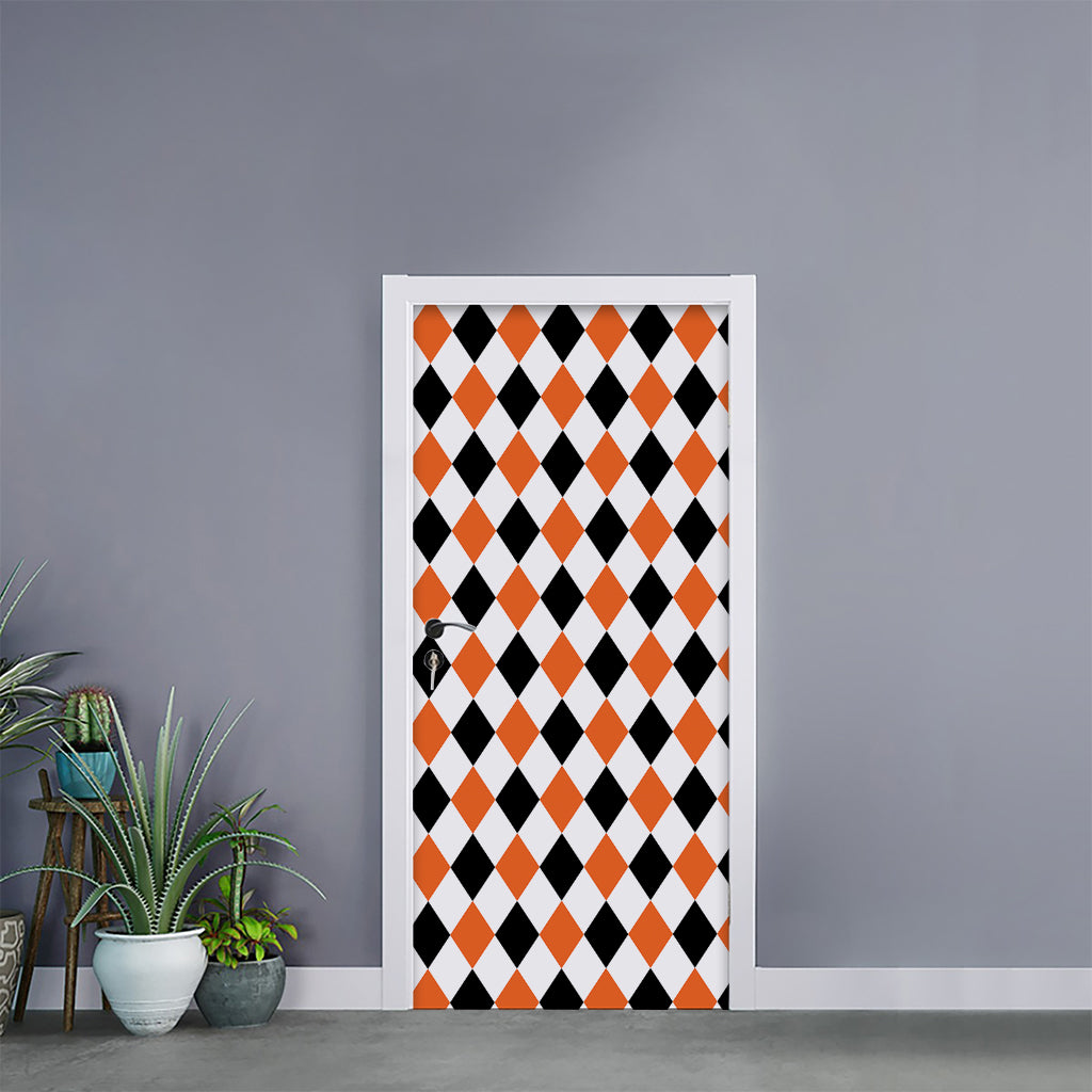 White Black And Orange Harlequin Print Door Sticker