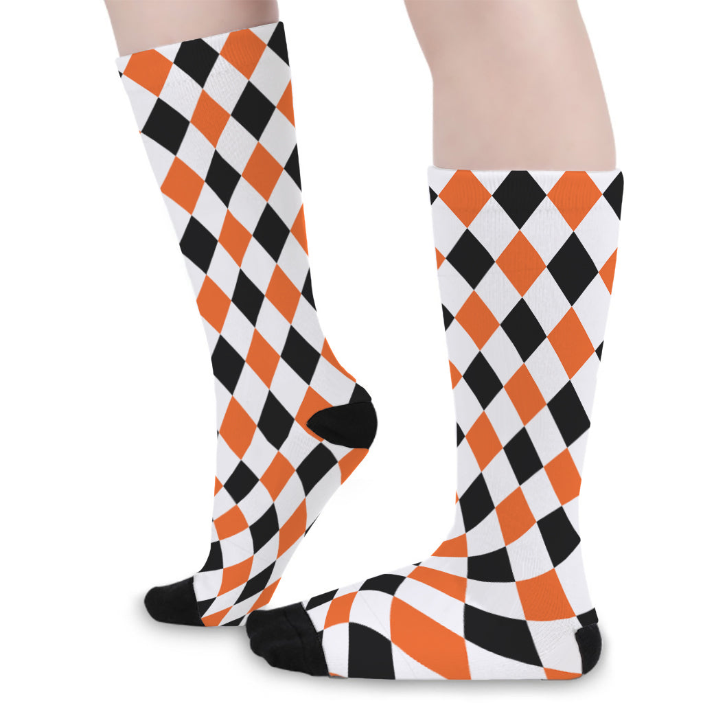 White Black And Orange Harlequin Print Long Socks