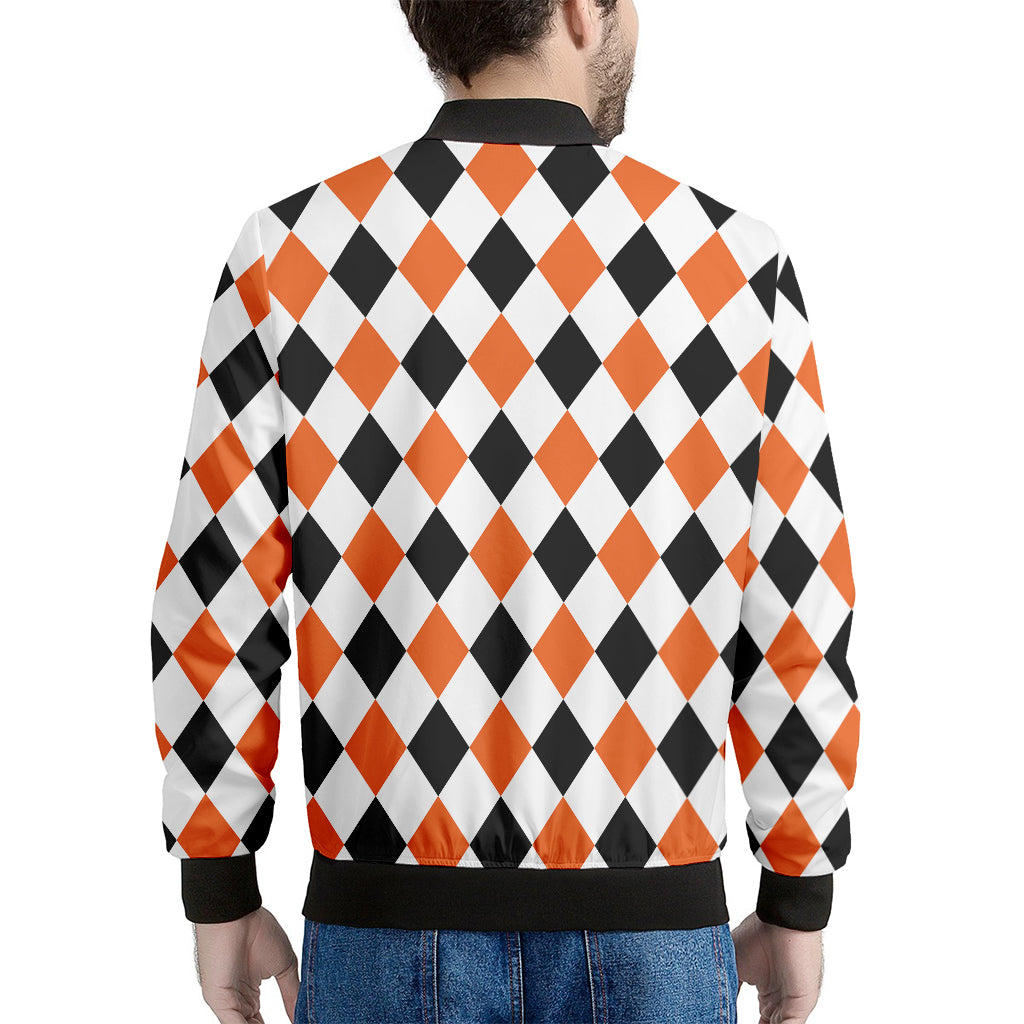 White Black And Orange Harlequin Print Men's Bomber Jacket