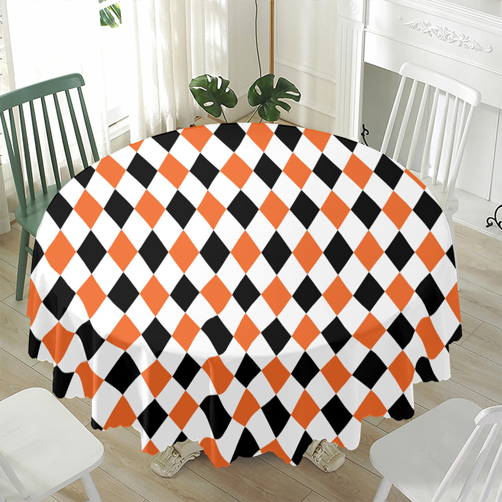 White Black And Orange Harlequin Print Waterproof Round Tablecloth
