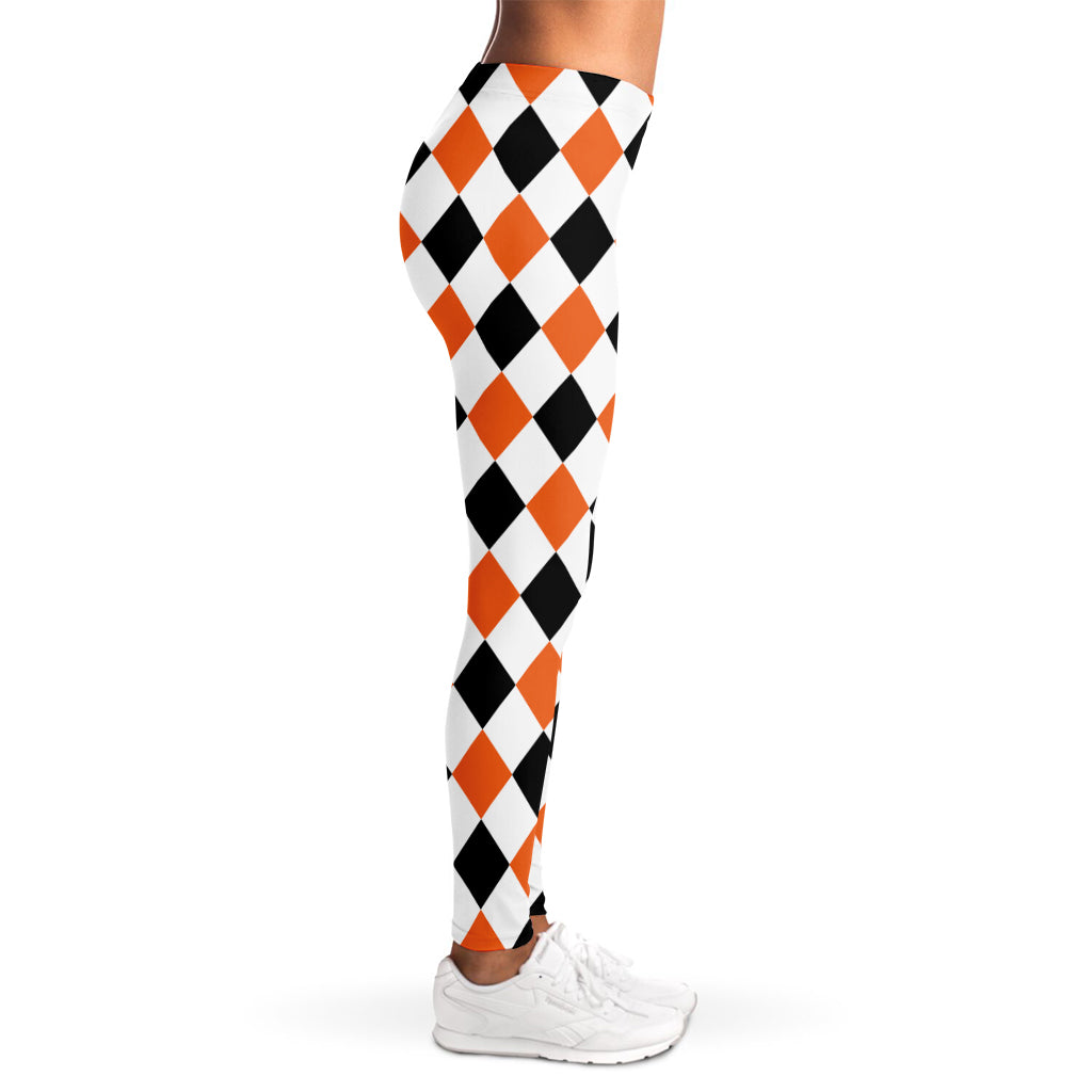 White Black And Orange Harlequin Print Women's Leggings