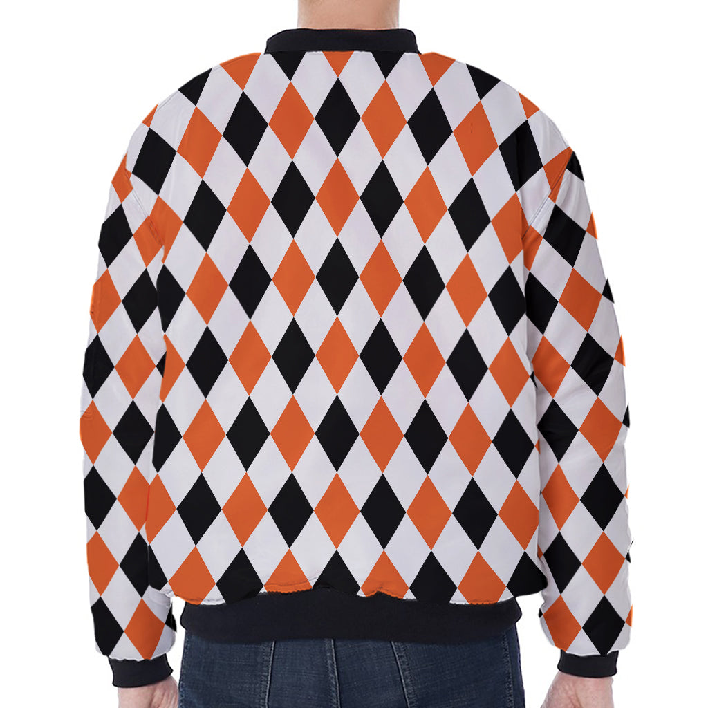 White Black And Orange Harlequin Print Zip Sleeve Bomber Jacket
