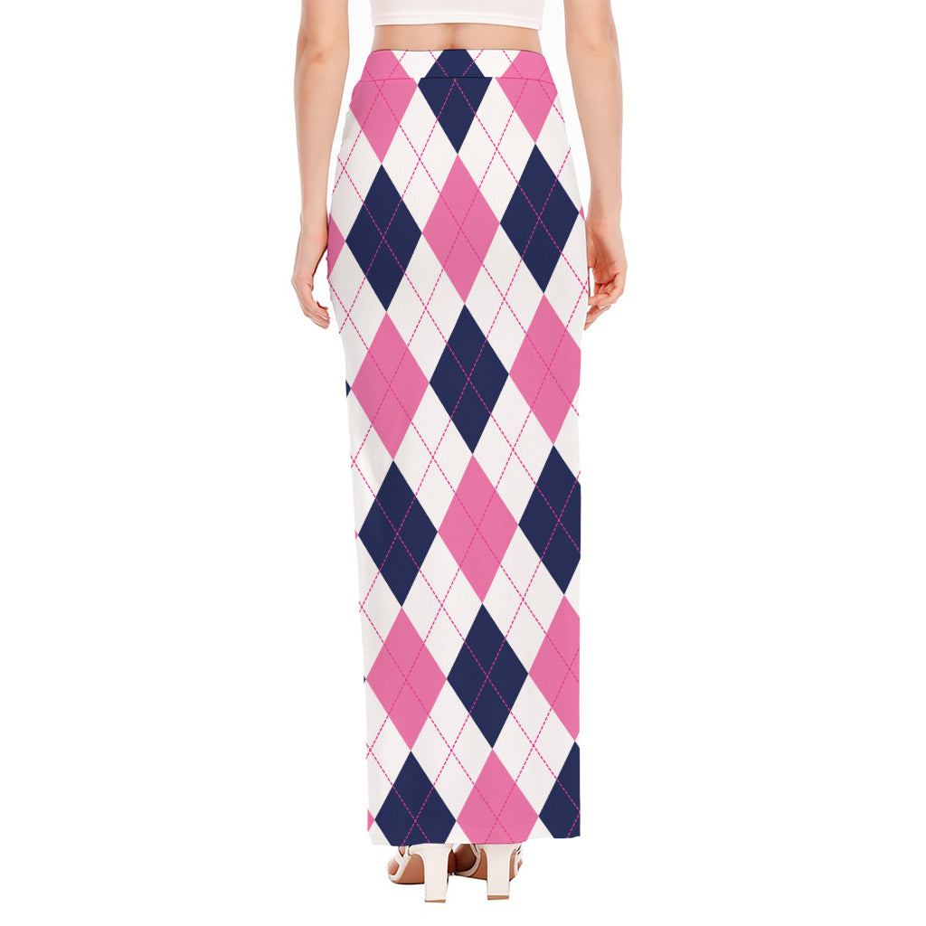 White Blue And Pink Argyle Pattern Print High Slit Maxi Skirt
