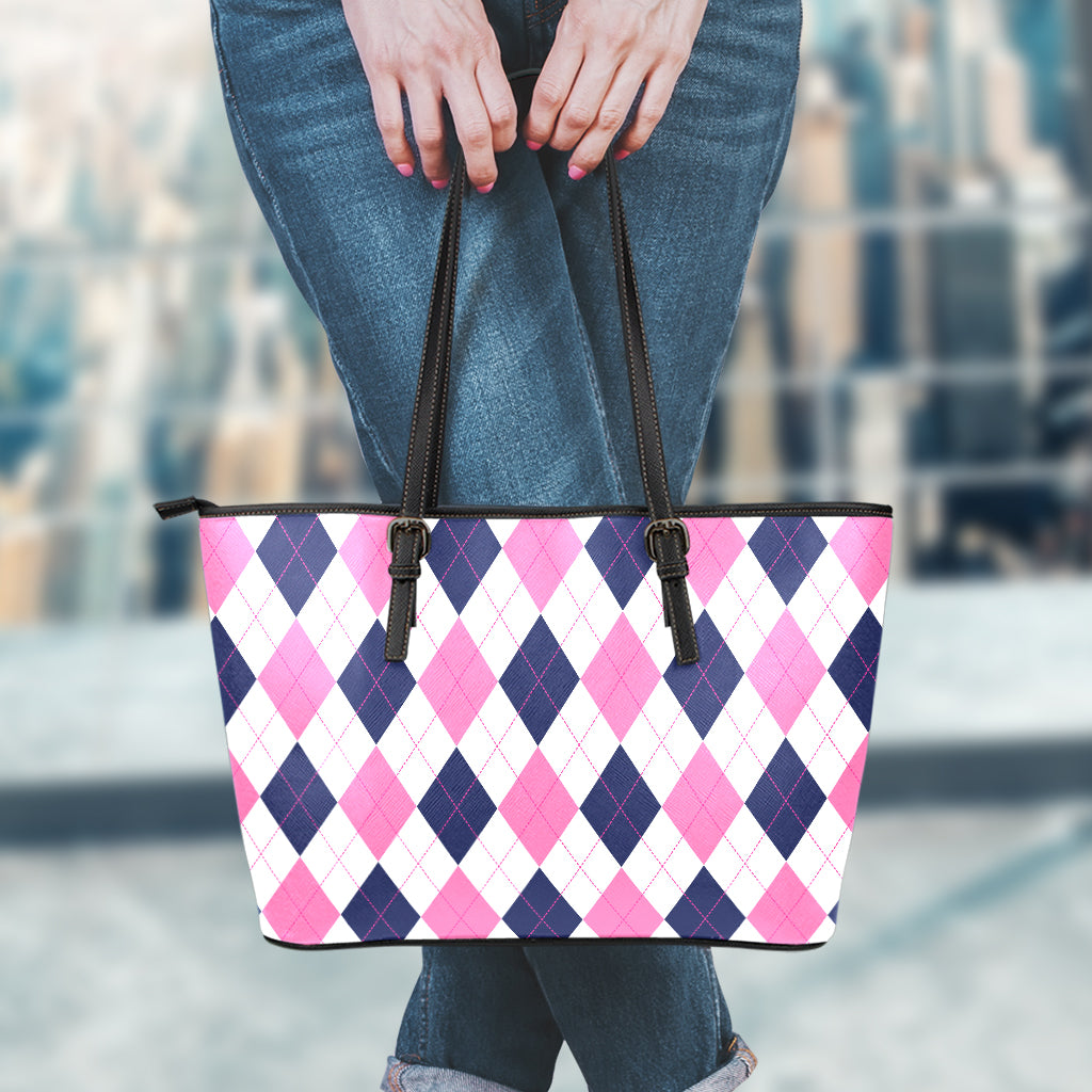 White Blue And Pink Argyle Pattern Print Leather Tote Bag
