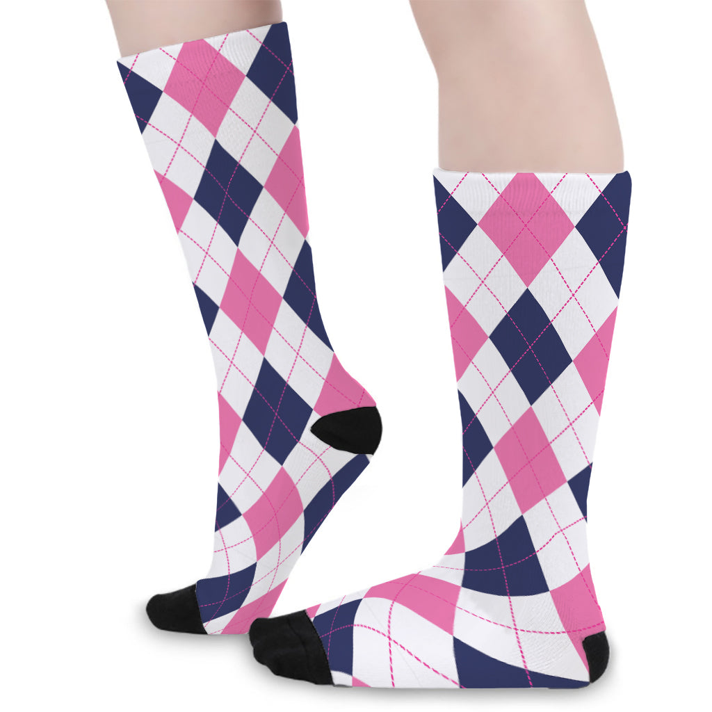 White Blue And Pink Argyle Pattern Print Long Socks