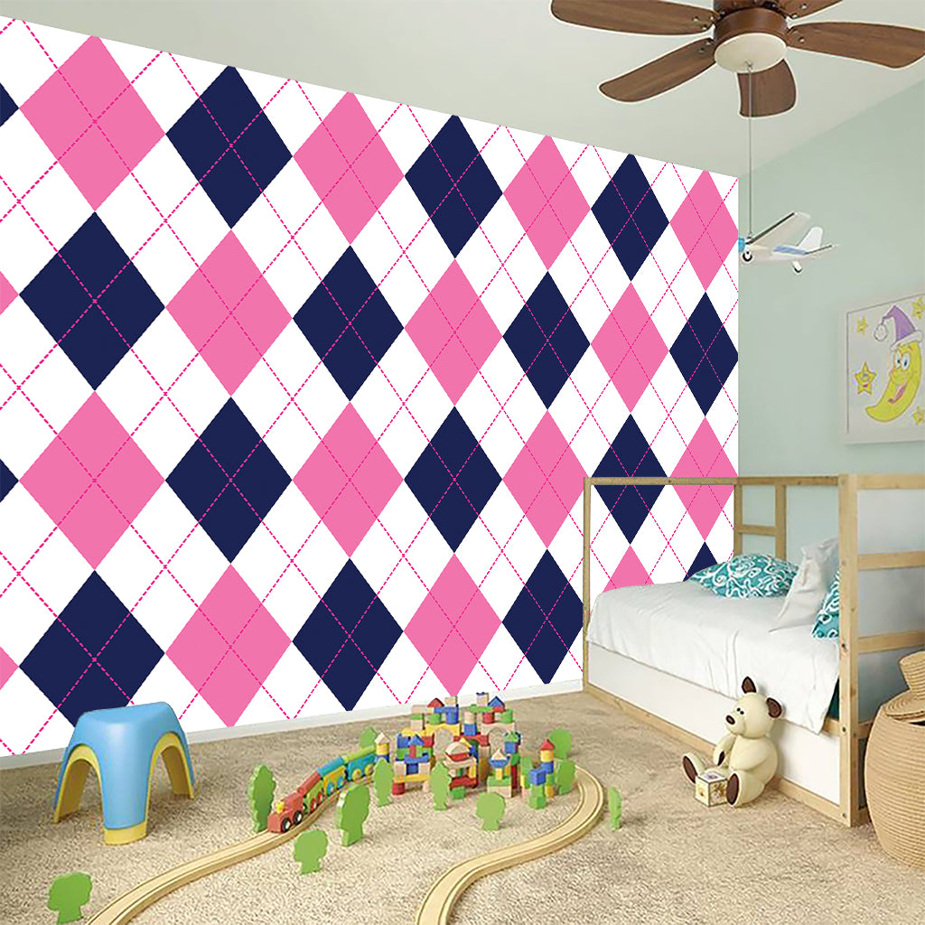 White Blue And Pink Argyle Pattern Print Wall Sticker