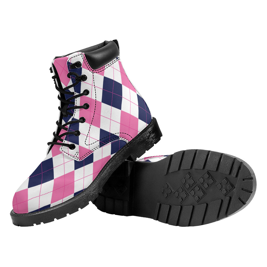 White Blue And Pink Argyle Pattern Print Work Boots