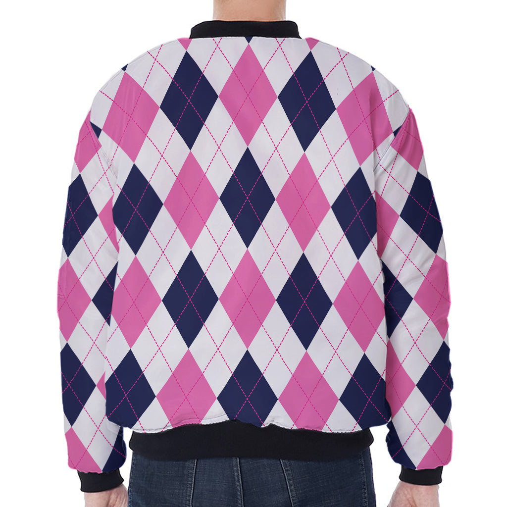 White Blue And Pink Argyle Pattern Print Zip Sleeve Bomber Jacket