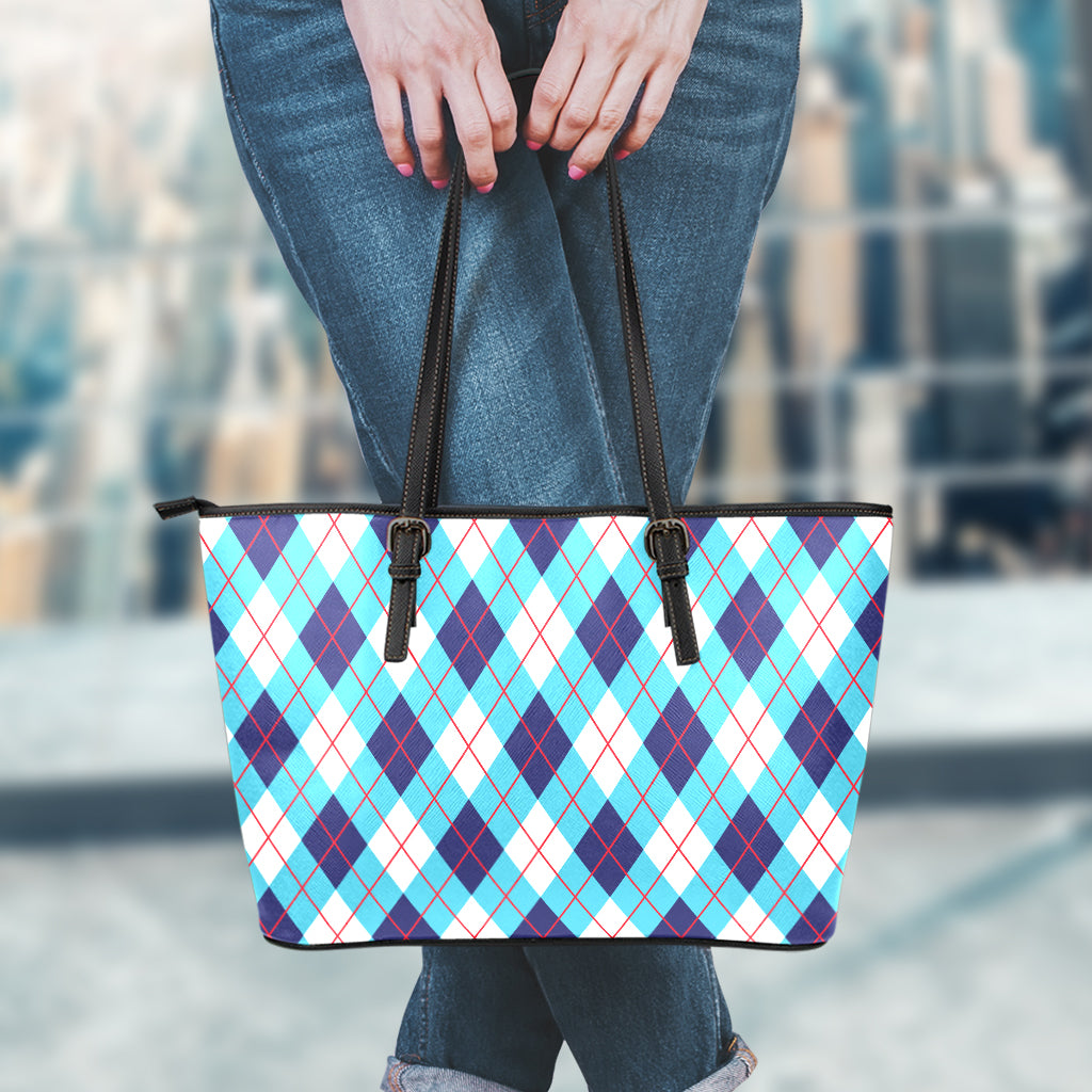 White Blue And Red Argyle Pattern Print Leather Tote Bag