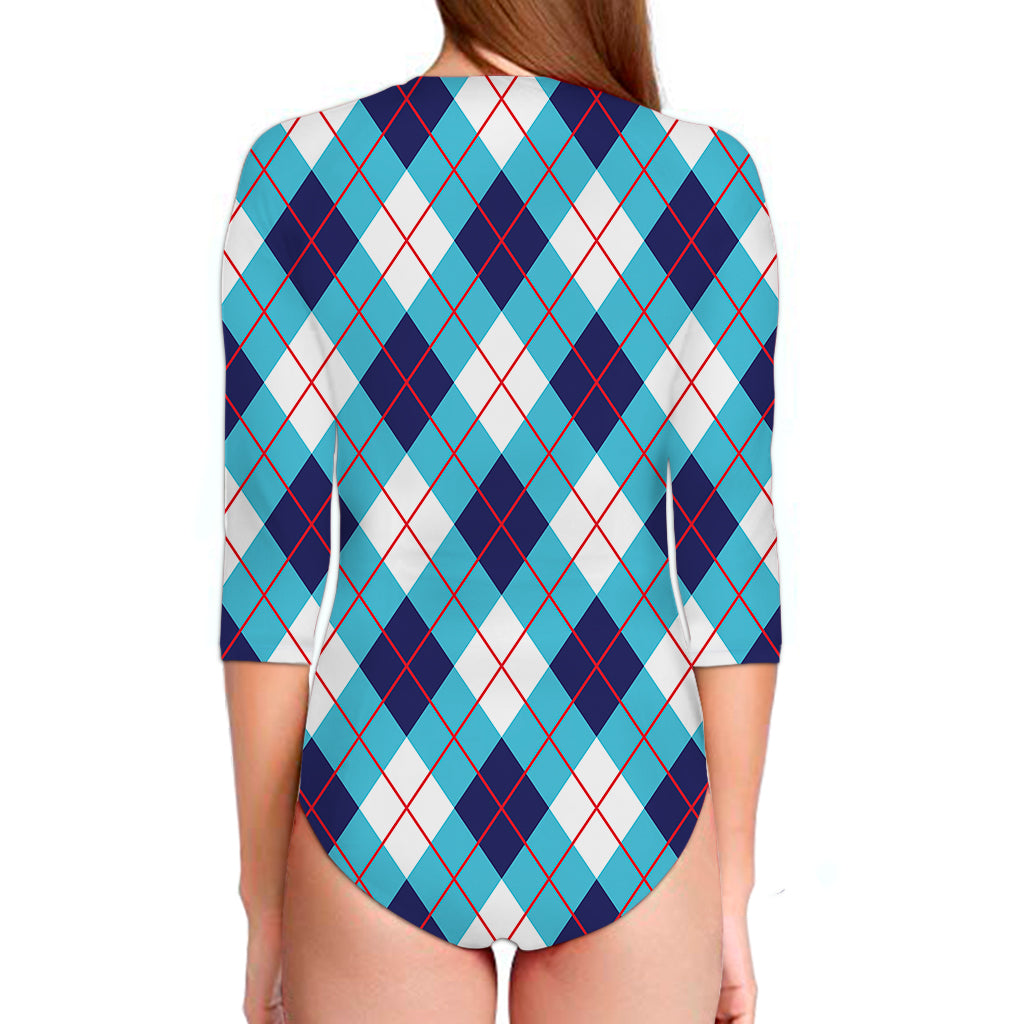 White Blue And Red Argyle Pattern Print Long Sleeve Swimsuit
