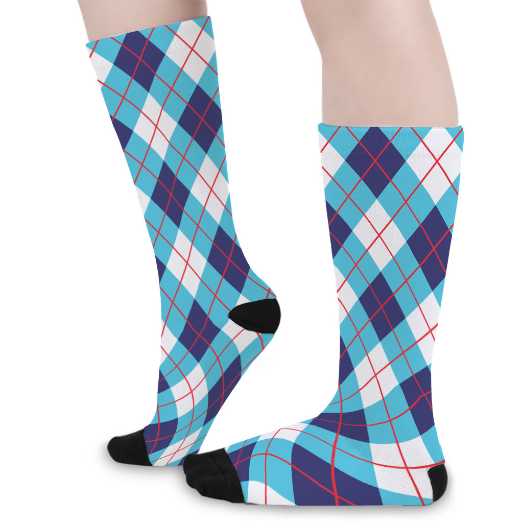 White Blue And Red Argyle Pattern Print Long Socks