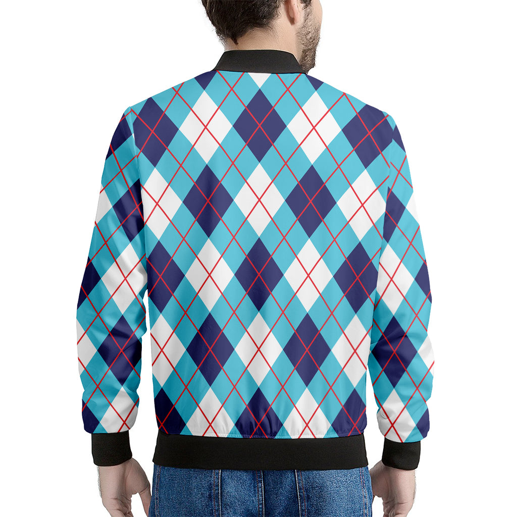 White Blue And Red Argyle Pattern Print Men's Bomber Jacket