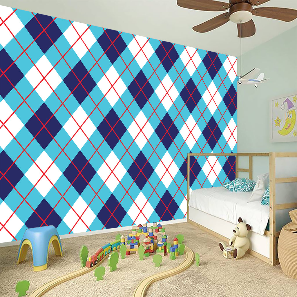 White Blue And Red Argyle Pattern Print Wall Sticker