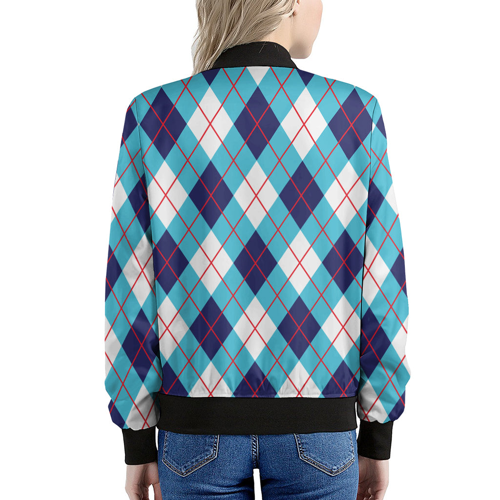 White Blue And Red Argyle Pattern Print Women's Bomber Jacket