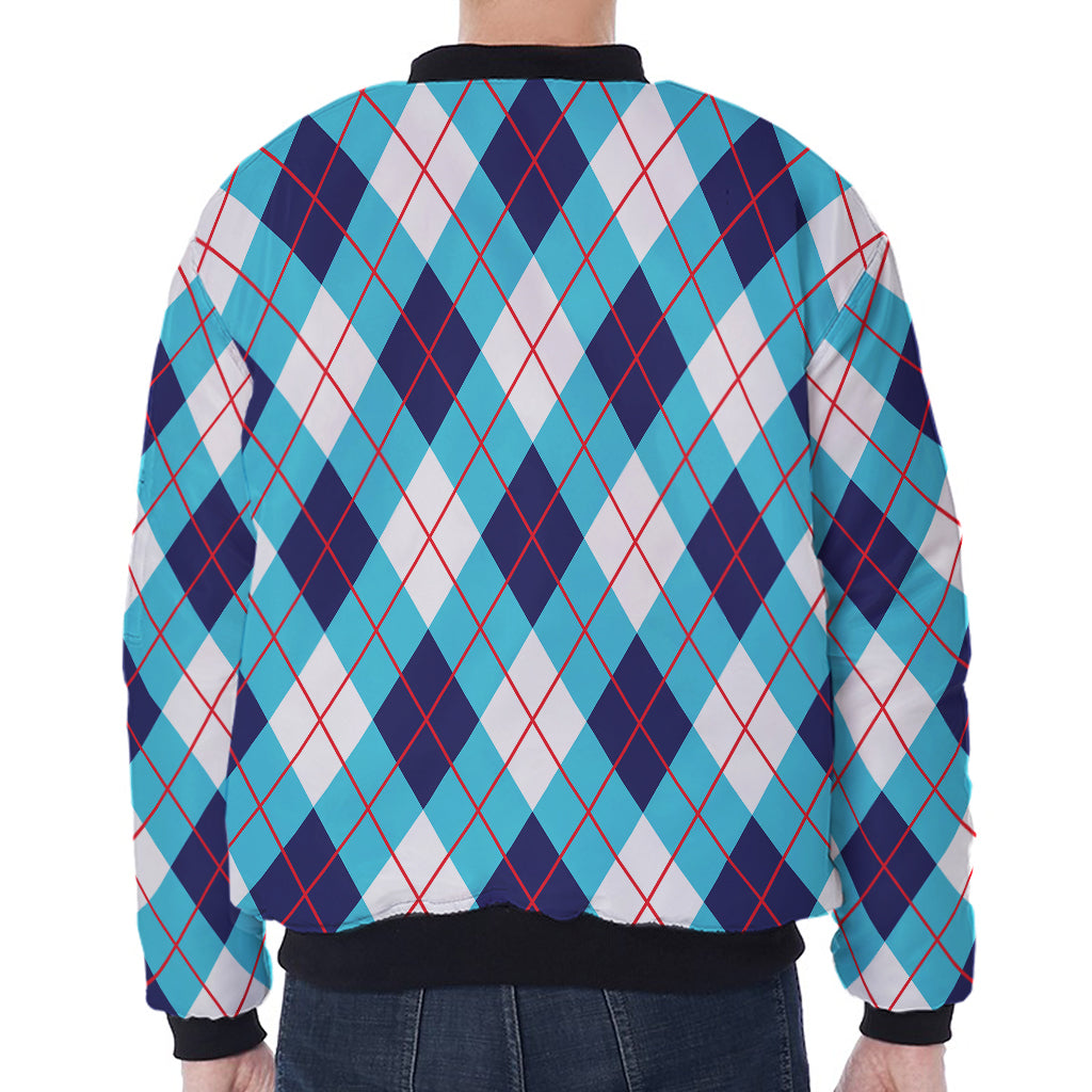 White Blue And Red Argyle Pattern Print Zip Sleeve Bomber Jacket