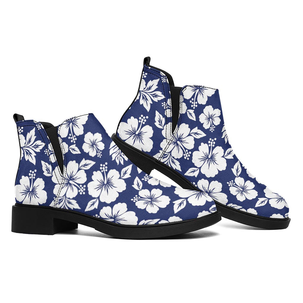 White Blue Hibiscus Floral Pattern Print Flat Ankle Boots