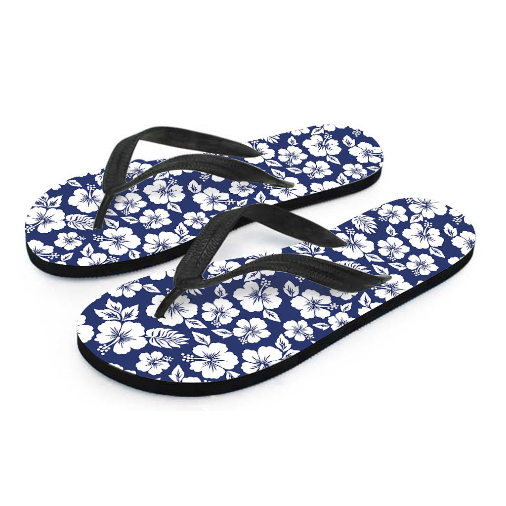 White Blue Hibiscus Floral Pattern Print Flip Flops