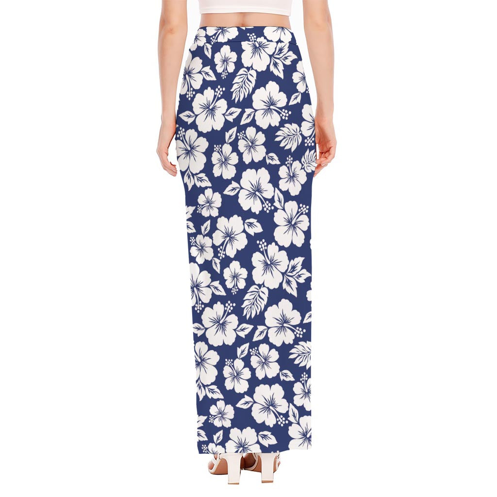 White Blue Hibiscus Floral Pattern Print High Slit Maxi Skirt