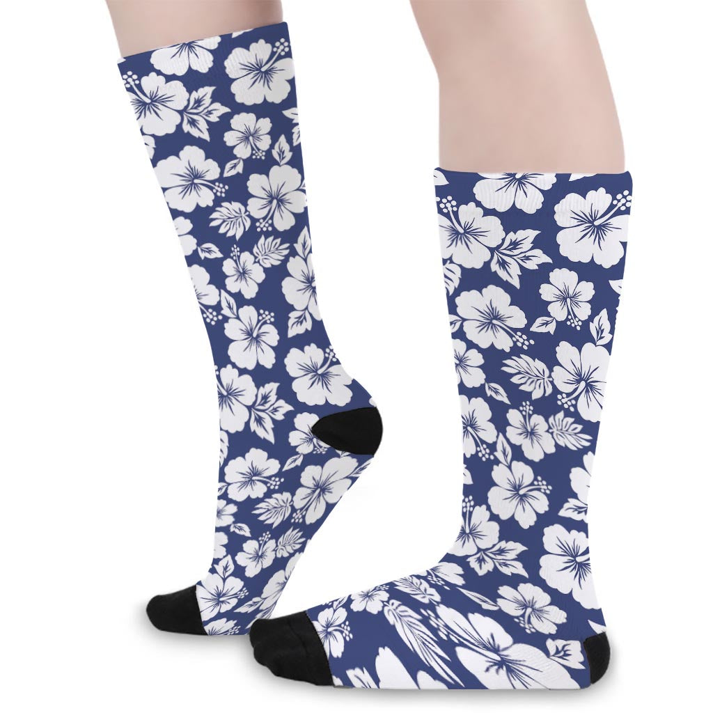 White Blue Hibiscus Floral Pattern Print Long Socks