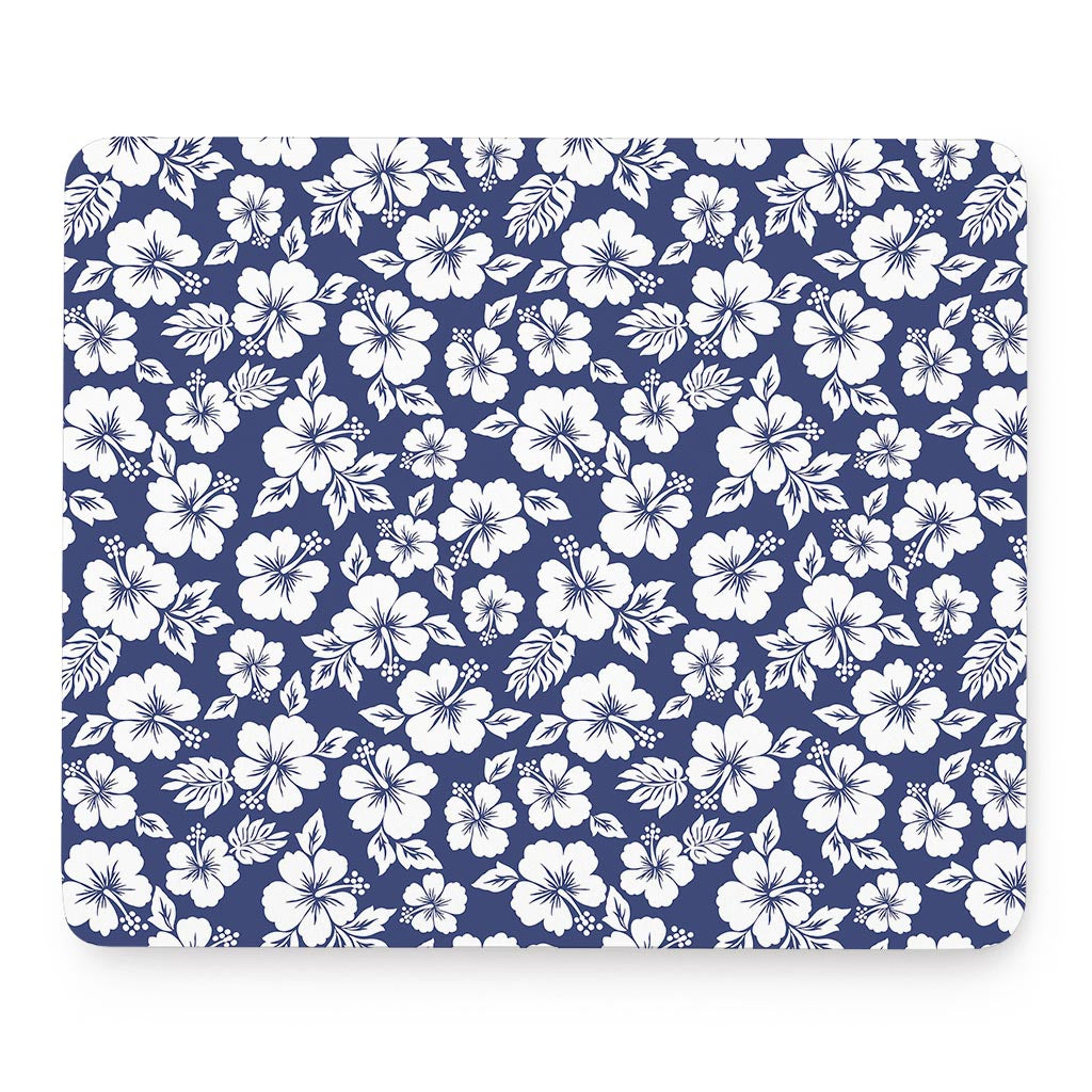 White Blue Hibiscus Floral Pattern Print Mouse Pad