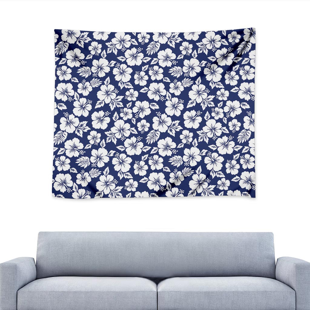 White Blue Hibiscus Floral Pattern Print Tapestry