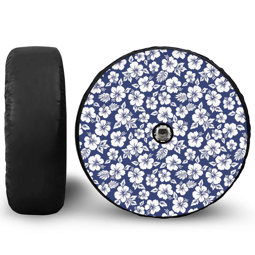 White Blue Hibiscus Floral Pattern Print Tire Cover With Camera Hole