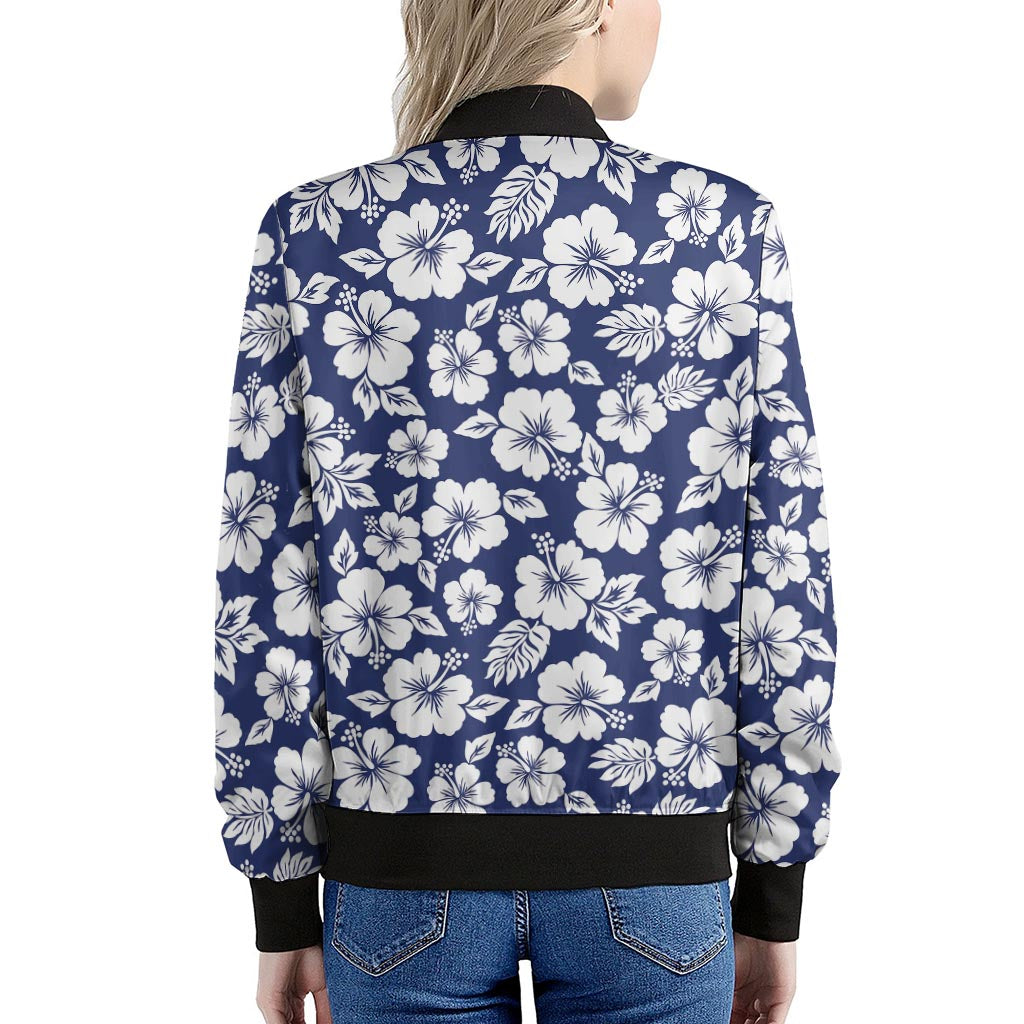 White Blue Hibiscus Floral Pattern Print Women's Bomber Jacket