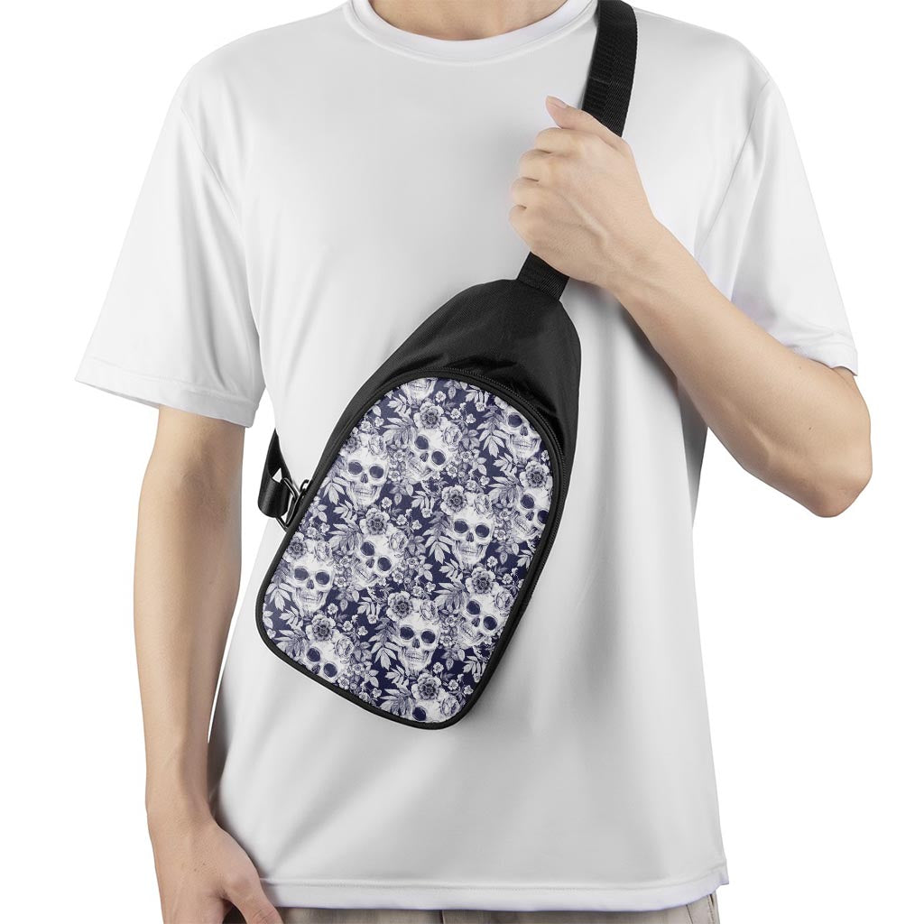 White Blue Skull Floral Pattern Print Chest Bag