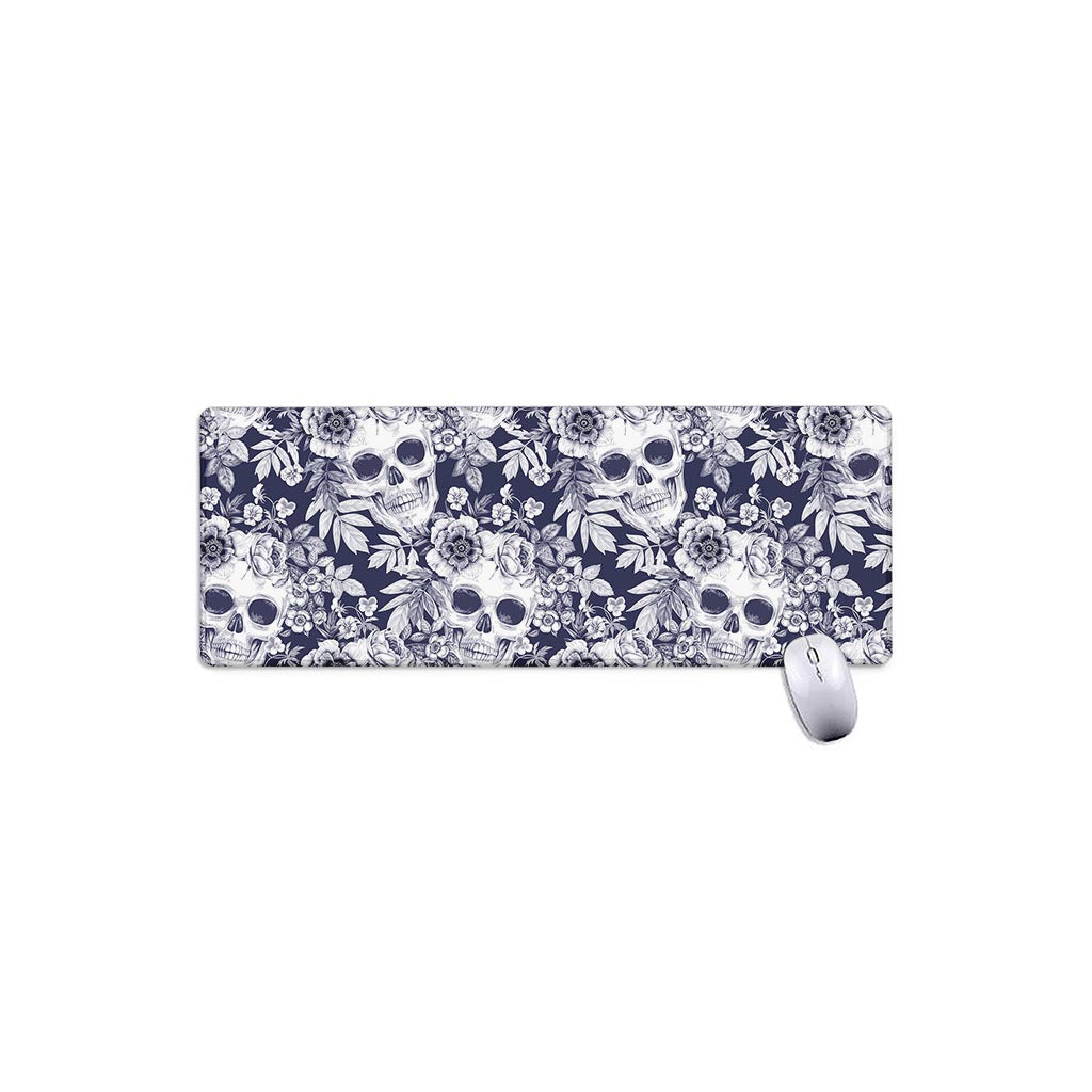 White Blue Skull Floral Pattern Print Extended Mouse Pad