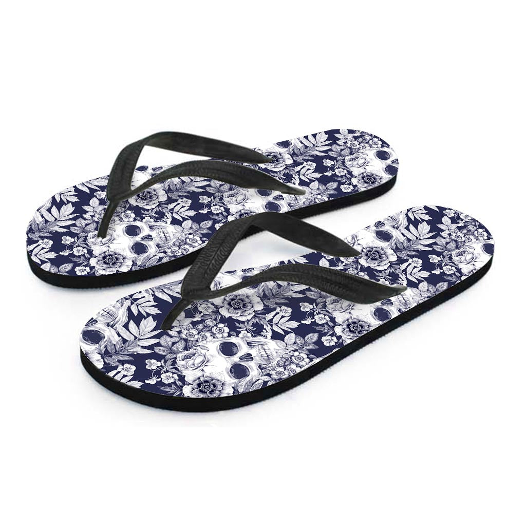White Blue Skull Floral Pattern Print Flip Flops